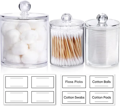 Vista 2 de Paquete de 3 dispensadores Qtip para bolas de algodón, hisopos de algodón, almohadillas redondas de algodón, hilo dental – Juego de tarros