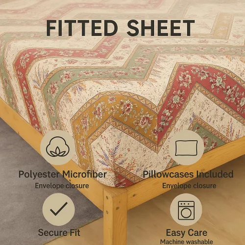 Vista 3 de DaDalogy Bedding - Sábana bajera ajustable con diseño floral botánico con funda de almohada, patrón de filigrana de cachemira cheurón bohemio
