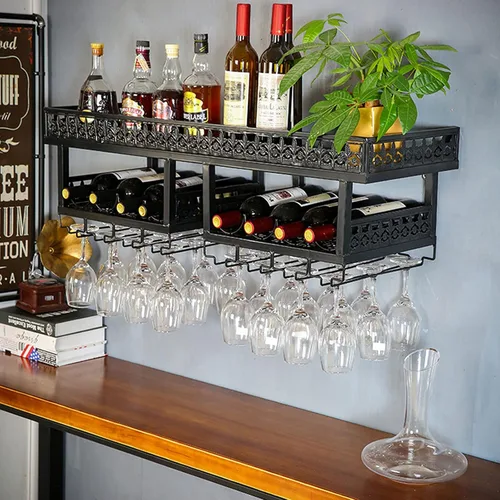 Vista 3 de Gdrasuya10 Estante de metal grande para vino montado en la pared, estantes de vino con soporte para copas de vino, soporte para botellas de vino