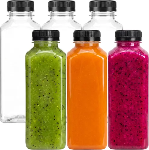 Vista 13 de Moretoes 6 botellas de 120 ml de plástico para jugo con tapas, botellas transparentes vacías reutilizables para shots de jengibre, recipientes