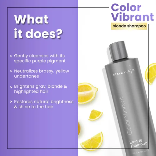 Vista 3 de MOEHAIR Champú color rubio vibrante Neutraliza los tonos amarillos Elimina el cobrizo Sin parabenos ni sulfatos Champú morado con protección