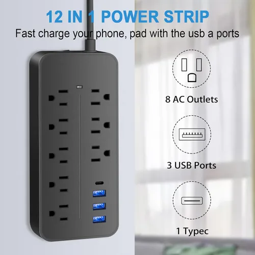 Vista 5 de Cable de extensión con protector de sobretensiones – Barra de alimentación trenzada de enchufe plano con 8 tomas amplias y 4 puertos USB (1 USB C)