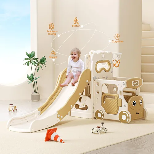 Vista 4 de Lischwert Tobogán 5 en 1 para niños, juego de toboganes de interior para niños, juego independiente de tobogán al aire libre, parque infantil
