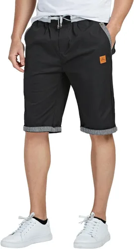Vista 2 de JustSun Pantalones cortos para hombre, estilo casual, de algodón, con cintura elástica y bolsillos Negro