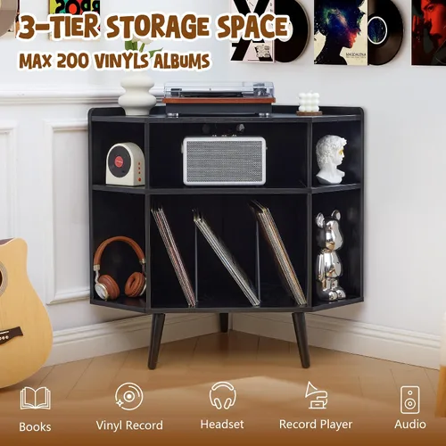 Vista 5 de Soporte esquinero para tocadiscos con estación de carga y puertos USB, gabinete de almacenamiento de discos de vinilo moderno de 3 niveles