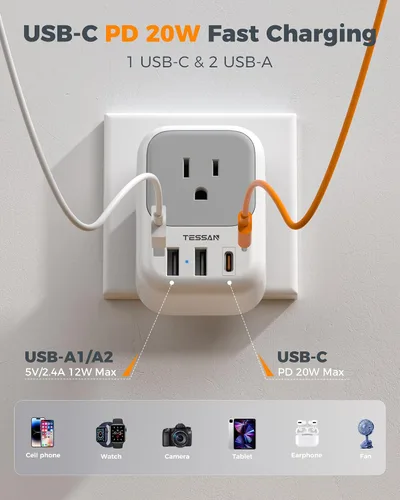 Vista 4 de TESSAN - Adaptador de enchufe de EE. UU. a Japón PD 20W, adaptador de 2 clavijas a 3 clavijas