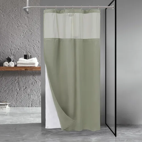 Vista 16 de N&Y HOME - Juego de cortina de ducha de punto gofre, forro de tela a presión y ganchos, para ducha pequeña, estilo hotel, ventana superior de malla