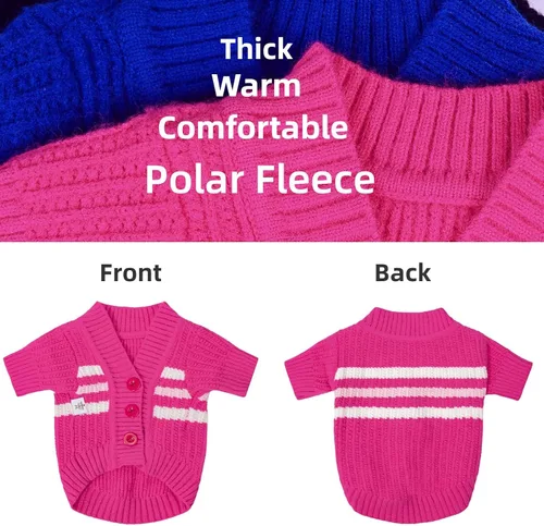 Vista 2 de CuteBone - Suéter de punto a rayas para perros, ropa de invierno de punto rosa para perros pequeños, gatos, niño, niña, atuendo para mascotas