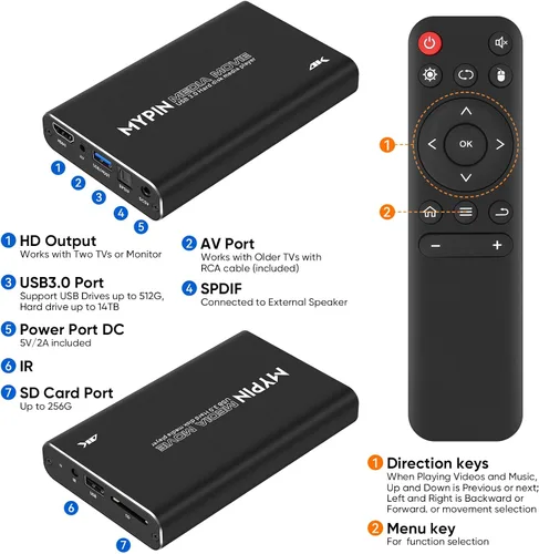 Vista 3 de 4K@30hz USB3.0 HDMI Media Player Soporte 2.5 "SATA HDD con HDMI/AV/salida óptica, reproductor MP4 H.265 portátil para videos/música/fotos desde