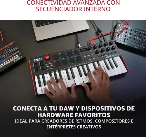 Vista 3 de Akai Professional MPK Mini Plus - Controlador de teclado MIDI USB con 37 teclas mini, 8 almohadillas MPC, secuenciador, E/S MIDI/CV/Gate, software