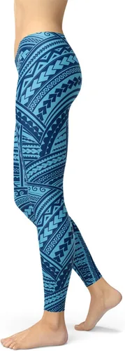 Vista 6 de Satori_Stylez Maori Tattoo Leggings para mujer Ta Moko Tribal Polinesio Estampado Mediados Cintura Azul Pantalones