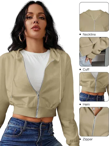 Vista 5 de Chaqueta corta con capucha y cremallera para mujer, manga larga, cordón Y2K, con bolsillos
