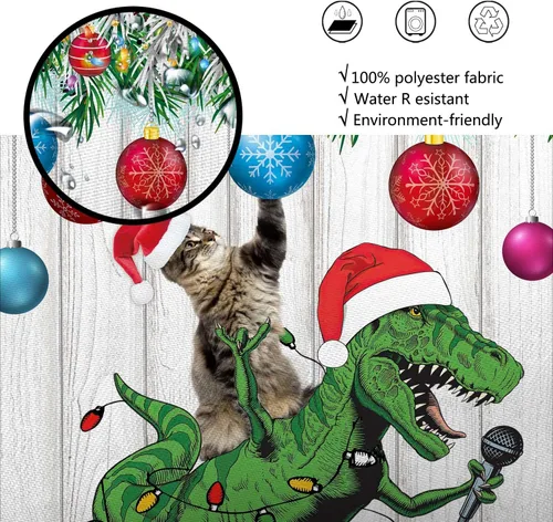 Vista 7 de Divertida cortina de ducha de Navidad, bonito dinosaurio en sombrero de Papá Noel cantando Feliz Navidad para niños, niños y niñas, decoración