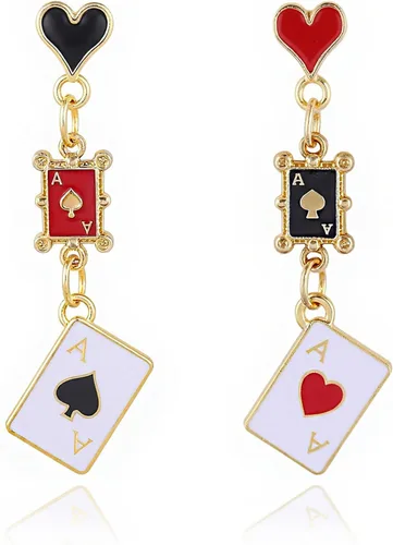 Vista 9 de Aretes de reina de corazón, aretes colgantes de reloj de póquer con corazón rojo para mujer, aretes largos asimétricos de póquer, aretes colgantes