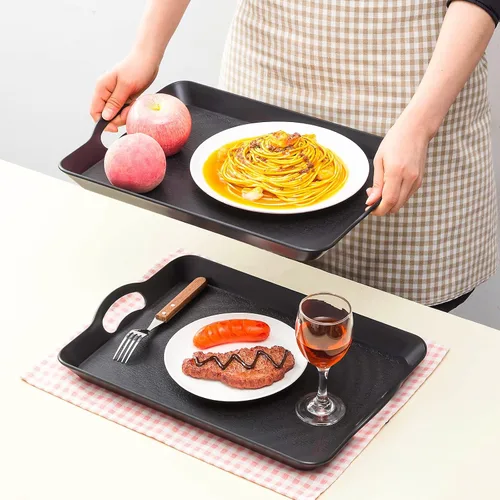 Vista 6 de 6 bandejas para servir con asas para comer, bandeja de plástico multiusos de 16 x 11 pulgadas, bandeja rectangular antideslizante decorativa