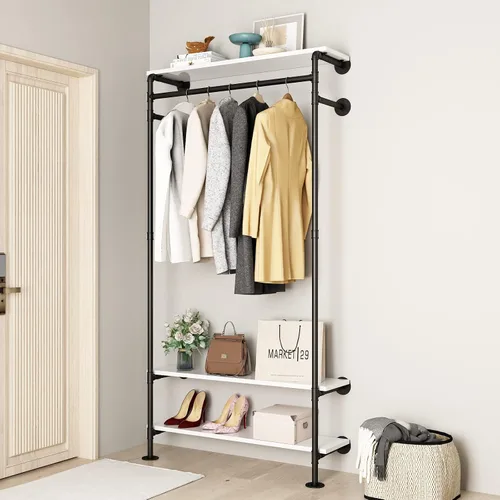 Vista 9 de Perchero Industrial de Tubería para Ropa de Montaje en Pared, Perchero Negro de Tubería para Ropa con 6 Varillas para Colgar, Perchero de Tubería