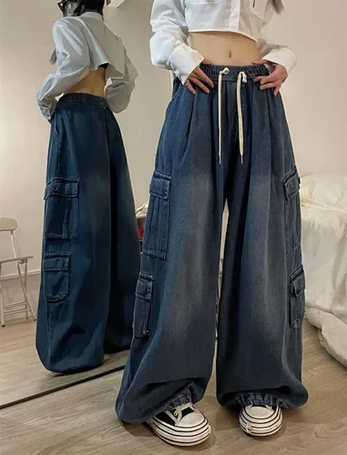 Vista 5 de Pantalones de mezclilla holgados Grunge Y2K Emo Alt Cargo Pant Fairycore Demin Aesthetic Jogger Pantalones de chándal Hiphop Cordón Streetwear