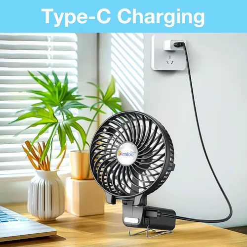 Vista 8 de VersionTECH. Ventilador de mano portátil, potente+duradero+plegable de 180°, mini ventiladores de mano con USB recargable, accesorios de Negro