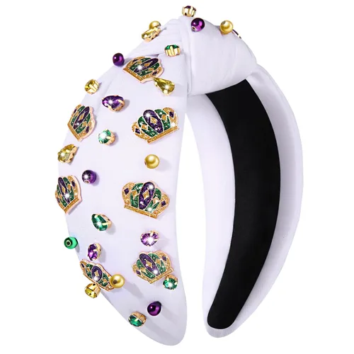 Vista 14 de Diadema de Mardi Gras para mujer, diadema de corona de flor de lis, diadema morada con diamantes de imitación y nudo superior, accesorios