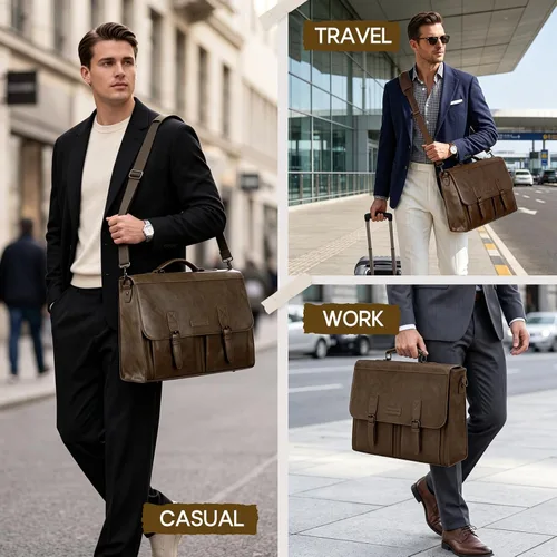 Vista 2 de RAINSMORE Bolsa de mensajero para hombre 17.3 pulgadas Vintage PU cuero Marrón