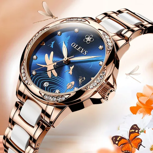 Vista 3 de OLEVS Elegante reloj automático para mujer, elegante, de cara grande, con diamante, resistente al agua, correa de cerámica de acero inoxidable