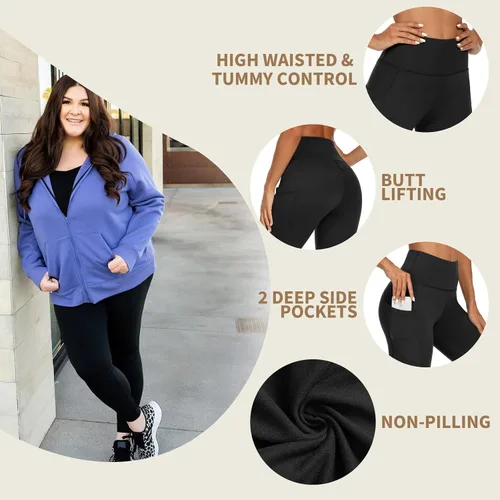 Vista 3 de HLTPRO Leggings con forro polar de talla grande para mujer con bolsillos, pantalones de yoga de cintura alta térmicos negros para entrenamiento