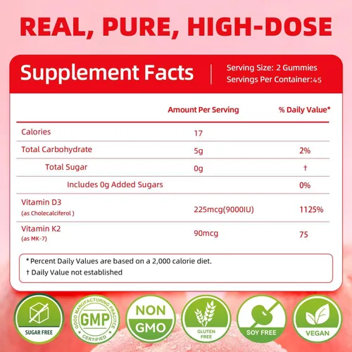 Vista 2 de Gomitas de suplemento de vitamina D3 K2 para adultos, vitamina D3 9000 UI + K2(MK-7) 90 mcg para apoyo óseo y cardíaco, vegano masticable K2 D3
