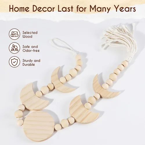 Vista 4 de Colgante de pared de fase lunar de madera, decoración de dormitorio celestial estética bohemia para el hogar (beige)