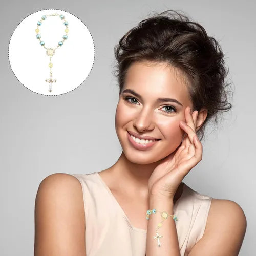 Vista 4 de Generic Bola de oración religiosa Pulsera de Rosario Cruz Virgen María Rosario Cuentas de oración Jesús Crucifijo Cruz para Mujeres Hombres Azul