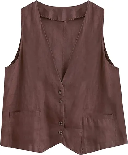 Vista 23 de COTECRAM Chaleco de lino de algodón para mujer, casual, sin mangas, con botones, ligero, para verano, holgado, ropa de abrigo