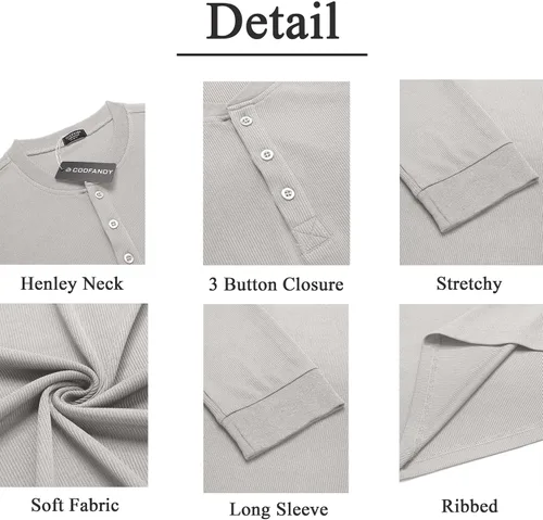 Vista 12 de COOFANDY Camisas Henley de manga larga para hombre, camisetas elásticas acanaladas, camisetas básicas casuales de moda