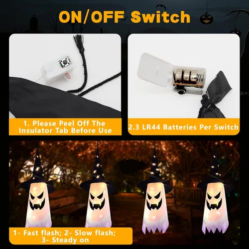 Vista 4 de Decoraciones de Halloween, sombrero de bruja fantasma brillante, cadena de luces de Halloween, decoración colgante para interiores y exteriores