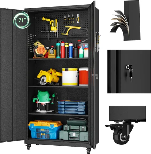 Vista 14 de Metal Garage Cabinet with 4 Wheels,4 Door Black Metal Storage with Lock,71" H Tool Storage Cabinets with Adjustable Shelves for Utility Negro