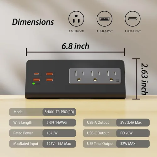Vista 6 de Regletas de alimentación mejoradas para montaje con abrazadera de borde de escritorio con puertos USB, puerto USB-C de carga rápida PD20 W y 3