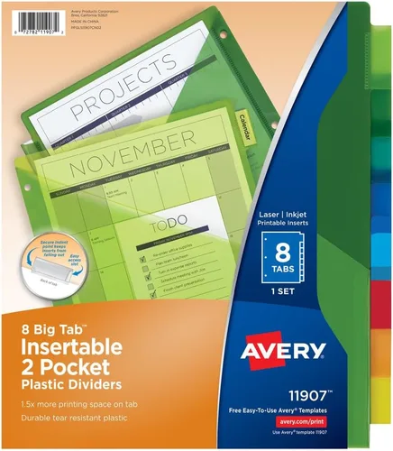 Vista 11 de Avery Separadores para carpetas de 3 anillas, juegos de 5 pestañas, separadores de plástico de dos bolsillos con pestañas, multicolor, 1 juego