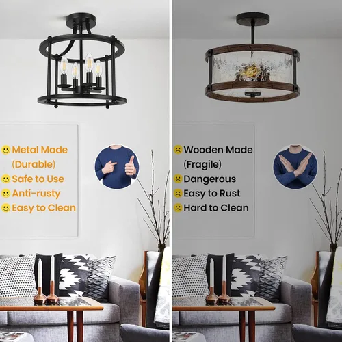 Vista 2 de Farmhouse - Lámpara de techo industrial de montaje semiempotrado con 4 luces Base E12, lámpara de araña vintage rústica de metal para cocina
