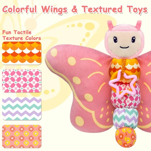 Vista 3 de Juguetes para bebés de 0 a 6 meses, animal de peluche sensorial musical infantil con chirriador, sonajero, alas arrugadas, mordedor y anillo