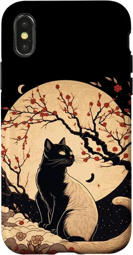 Vista 5 de Kawaii black cat japanese with cherry blossom anime style Case for iPhone 16