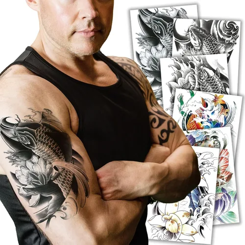 Vista 9 de Kotbs 6 hojas de tatuajes temporales de animales en 3D para mujeres y hombres, tatuajes realistas impermeables falsos con patrón de lobo y león