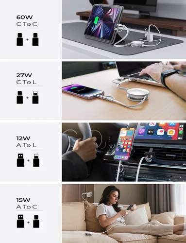 Vista 4 de LISEN 5 en 1 Cable retráctil 60W Cable de carga múltiple para múltiples dispositivos Puertos USB-C/A/L, cargadores retráctiles para iPhone