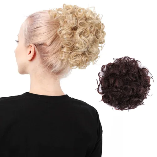 Vista 17 de Moño de cabello rizado desordenado, pieza de cabello sintético resistente al calor, extensiones de moño de cabello despeinado con cordón Updos Negro