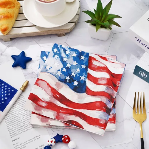 Vista 3 de JarThenaAMCS 80 servilletas de papel patrióticas con la bandera estadounidense, servilletas desechables del 4 de julio, servilletas de almuerzo