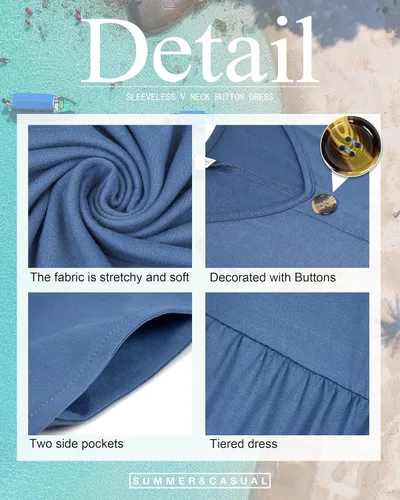 Vista 5 de PLMOKEN Vestido tipo túnica de verano sin mangas con cuello en V y botones para mujer