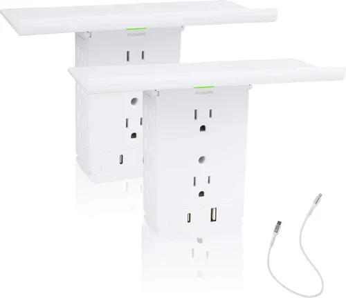 Vista 9 de Paquete de 2 extensores de toma de corriente de pared con USB, 6 tomas de corriente y 2 protectores de sobretensiones USB, estante integrado