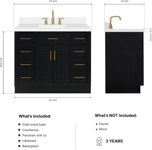 Vista 2 de DKB Isabella - Mueble de baño negro de 42 pulgadas con fregadero, lavabo rectangular, encimera de cuarzo blanco puro y protector contra salpicaduras