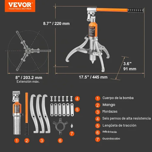 Vista 7 de VEVOR Extractor hidráulico de engranajes, separador de extracción de rodamiento de rueda de capacidad máxima de 5 toneladas, extractor de 2 o 3