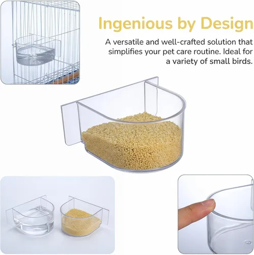 Vista 3 de Comedero de alimentos para jaula de pájaros, 2 piezas: tazas de agua de semicírculo grueso transparente – Caja de recipiente de platos pequeños