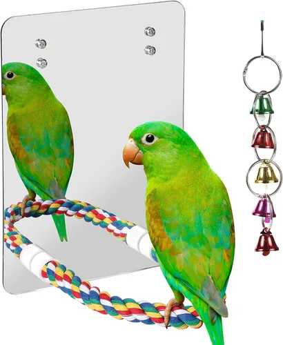Vista 6 de Espejo de pájaro con perca y comedero, juguetes de madera para pájaros jaula de pájaros, accesorios para loros para gastar energía, juguetes