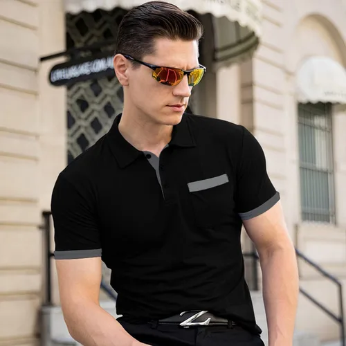 Vista 6 de Polo ajustado para hombre, manga corta, casual, de algodón, con bolsillo, color sólido, para verano
