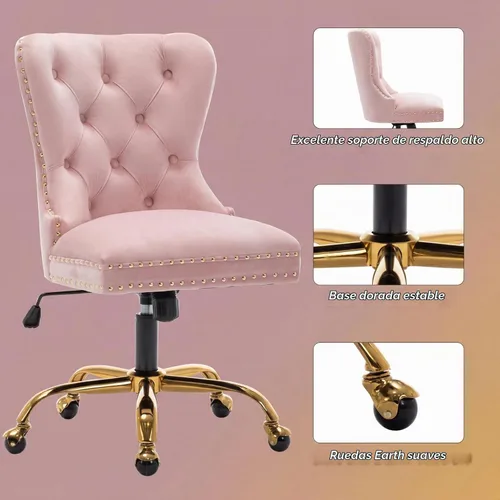 Vista 6 de Moderna silla giratoria de terciopelo, silla de escritorio de maquillaje copetuda con ruedas y base dorada, cómoda silla de escritorio tapizada